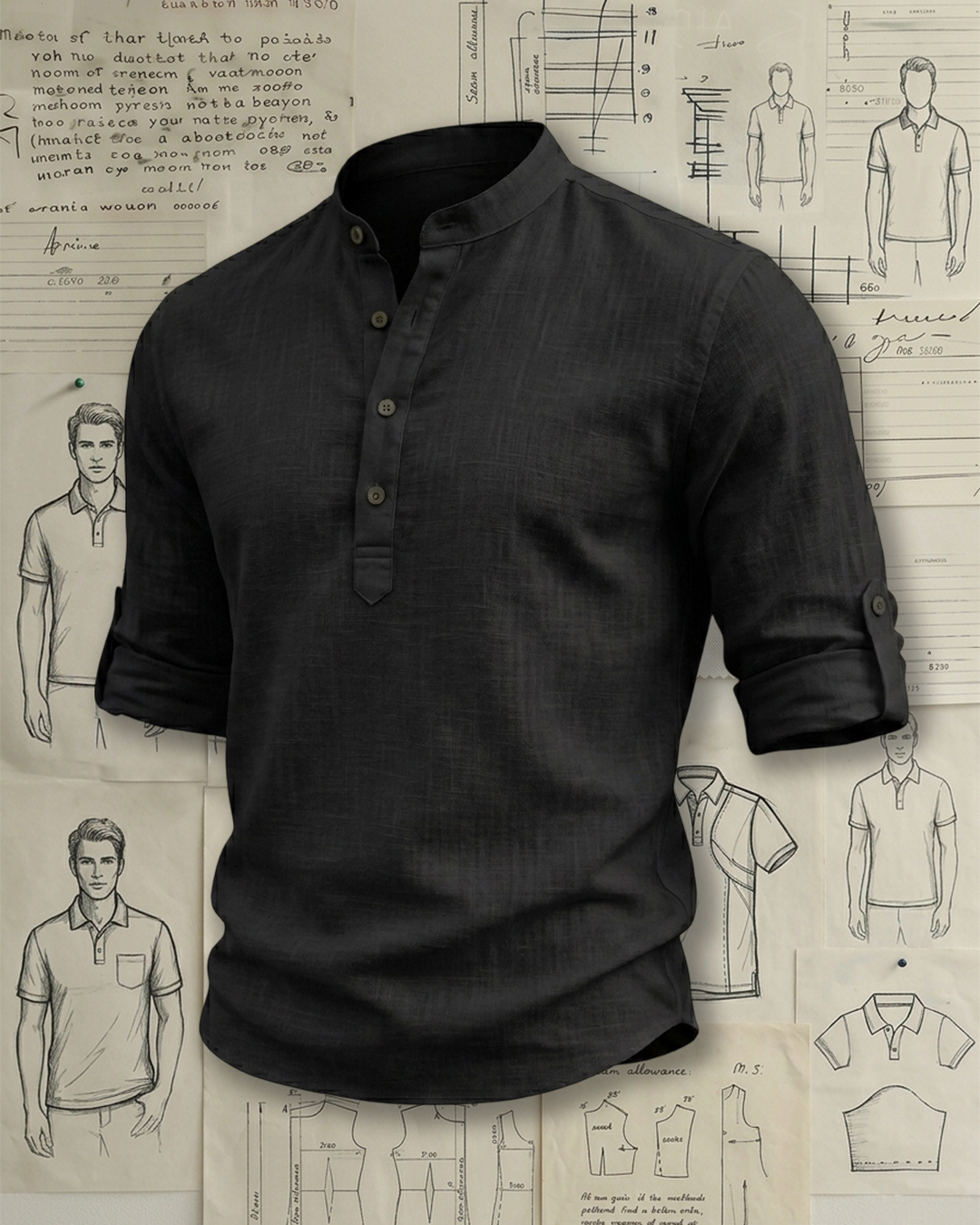 Men's Jet Black Slim Fit Street Casual Style No Print Adjustable Roll-up Sleeve Stand Collar Henley Shirt