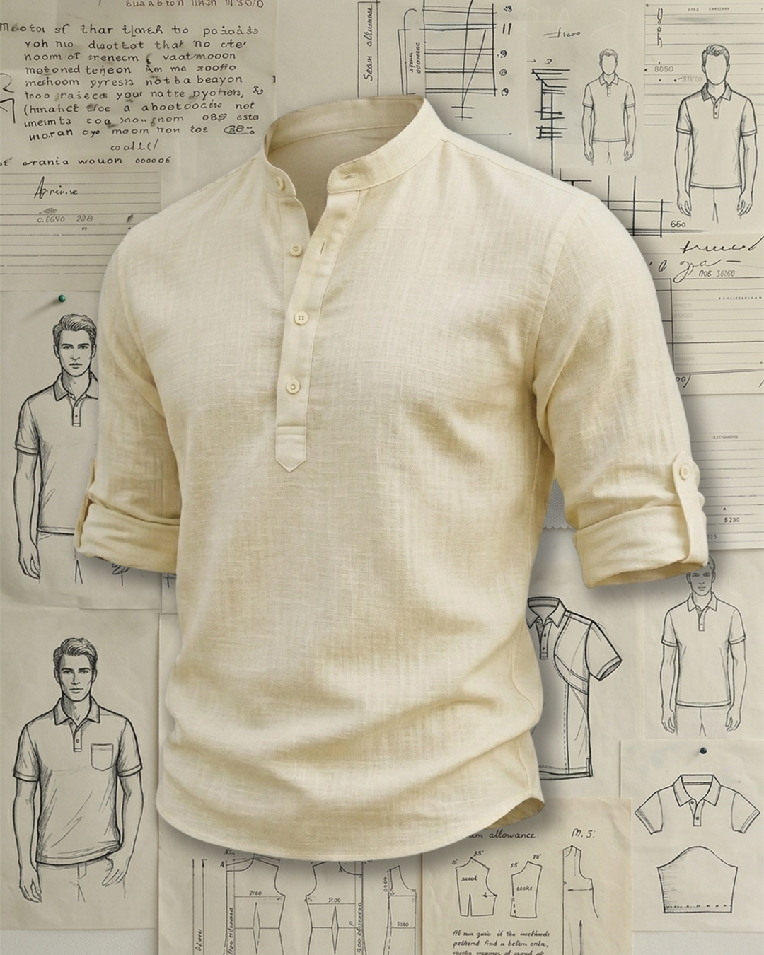 Men's Cream Beige Relaxed Fit Linen Casual Style No Print Adjustable Roll-up Sleeve Stand Collar Henley Shirt