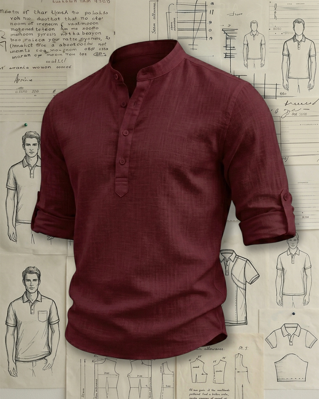 Men's Wine Red Regular Fit Retro Casual Style No Print Adjustable Roll-up Sleeve Stand Collar Henley Shirt