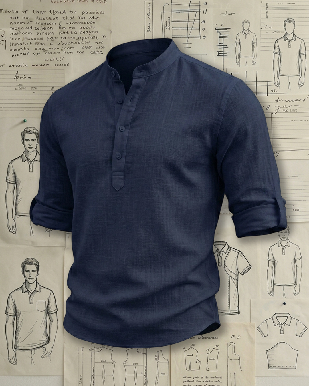 Men's Navy Blue Tailored Fit Smart Casual Style No Print Adjustable Roll-up Sleeve Stand Collar Henley Shirt