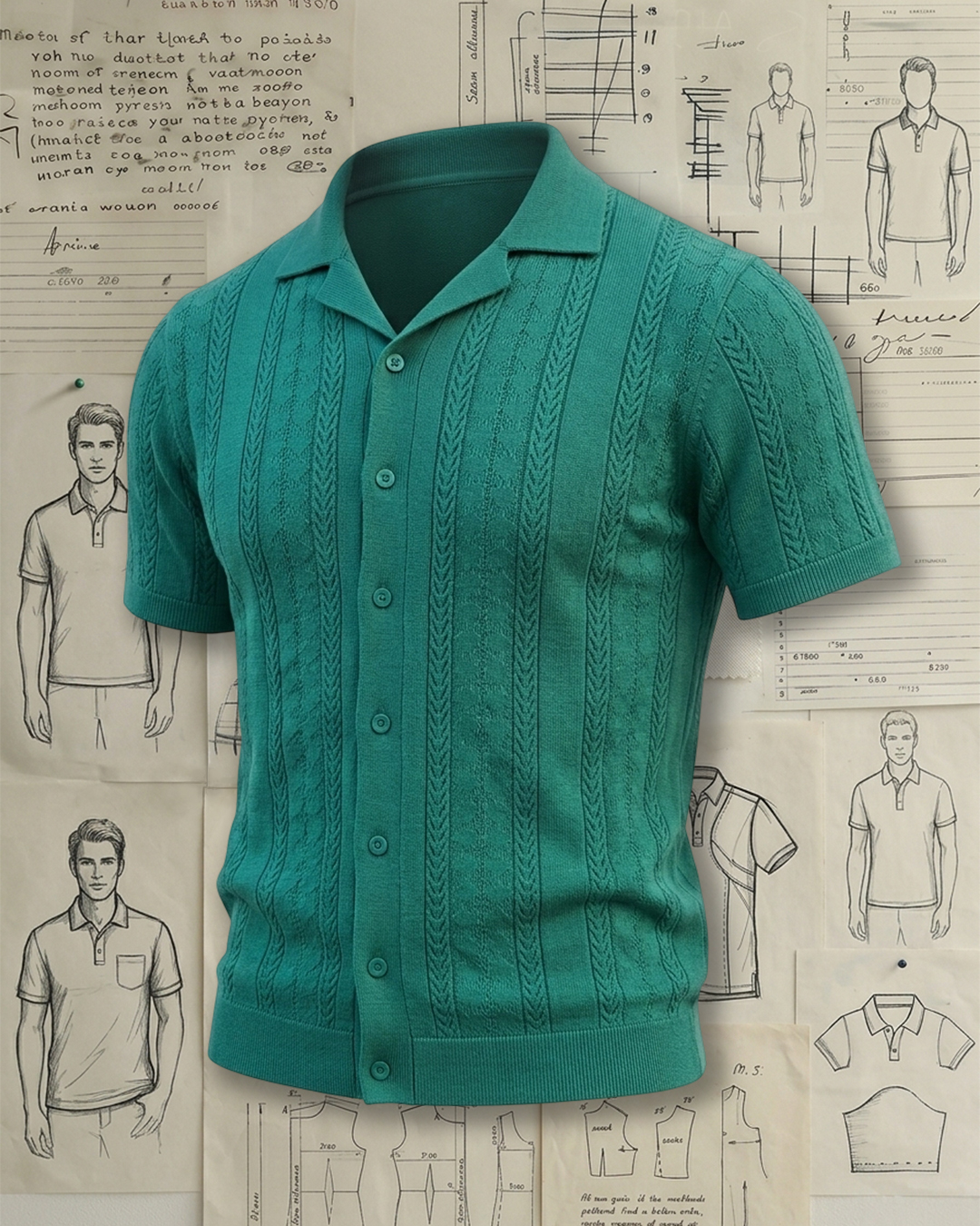 Men's Teal Green Slim Fit Retro Vacation Style No Print Cable Knit Cuban Collar Short Sleeve Knit Polo Shirt