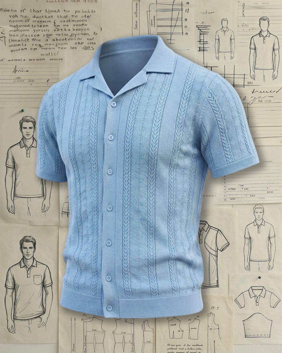 Men's Light Blue Slim Fit Old Money Style No Print Cable Textured Cuban Collar Short Sleeve Knit Polo Shirt