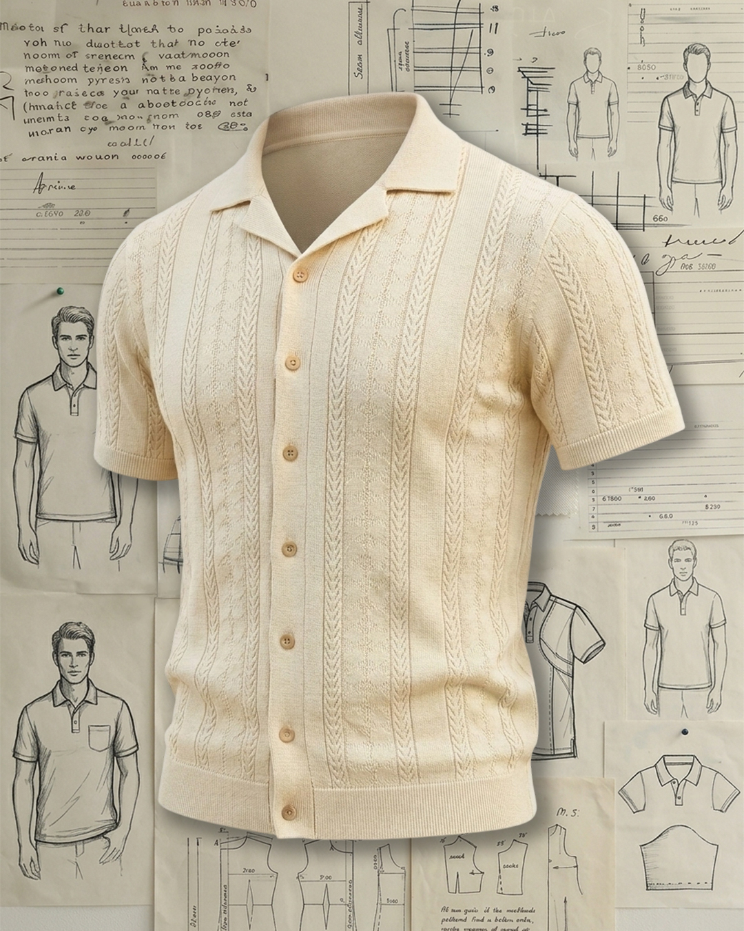 Men's Cream White Slim Fit Retro Casual Style No Print Cable Textured Cuban Collar Full Button Short Sleeve Knit Polo Shirt