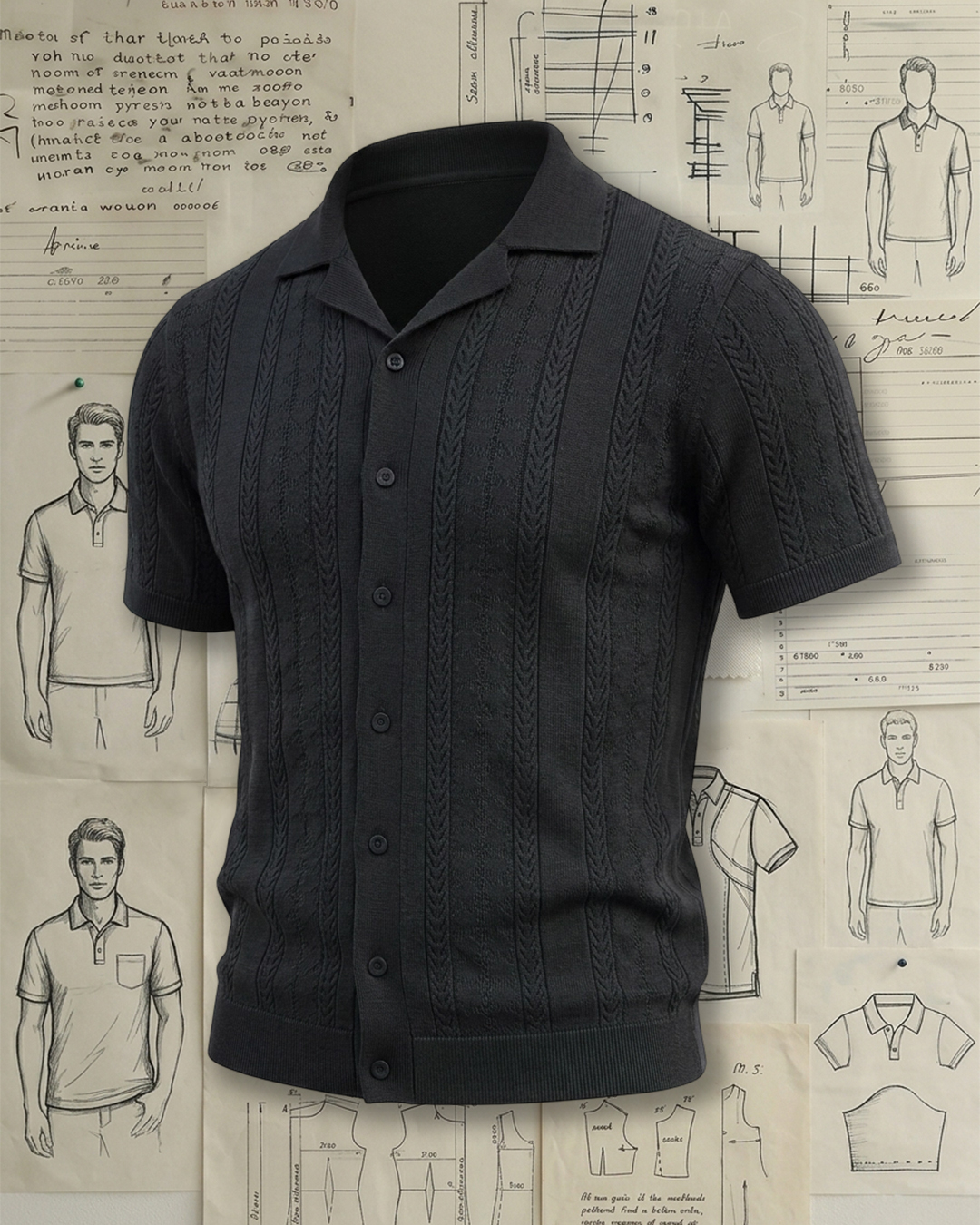 Men's Black Slim Fit Business Casual Style No Print Vertical Cable Knit Cuban Collar Short Sleeve Polo Shirt