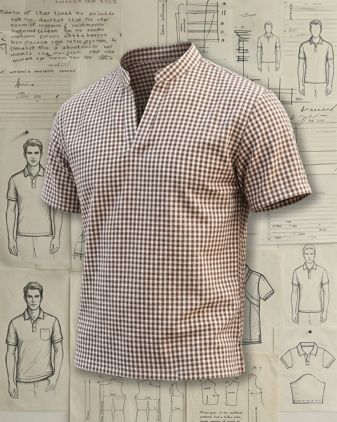 Men's Brown White Gingham Regular Fit Retro Casual Style No Extra Print Mandarin Collar Half Placket Short Sleeve Polo Shirt
