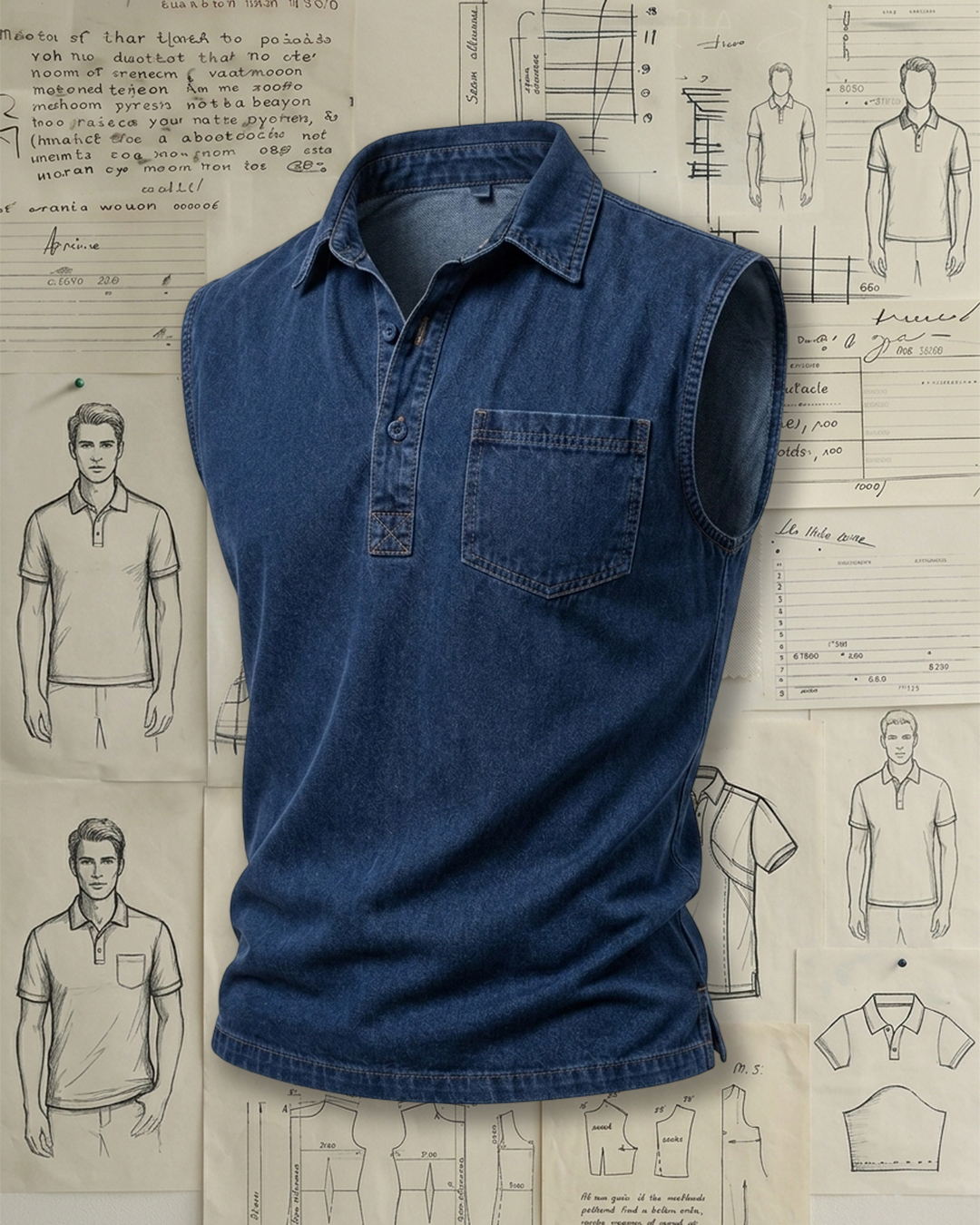 Men's Dark Blue Denim Regular Fit Vintage Workwear Style No Extra Print Lapel Half Placket Sleeveless Polo Shirt