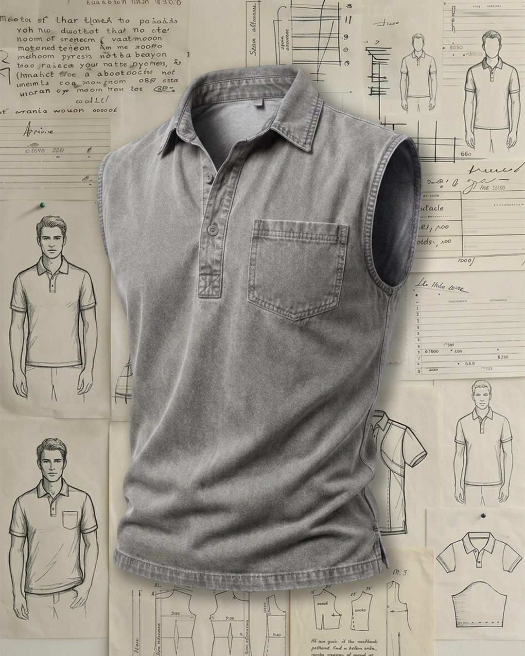 Men's Washed Gray Denim Regular Fit Retro Industrial Style No Extra Print Lapel Half Placket Sleeveless Polo Shirt