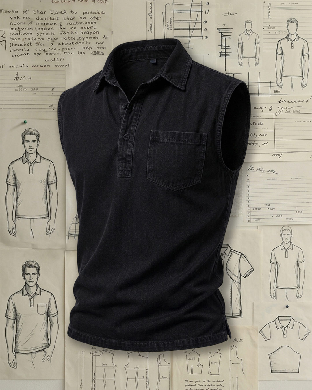 Men's Black Washed Denim Slim Fit Retro Hardcore Style No Extra Print Lapel Half Placket Sleeveless Polo Shirt