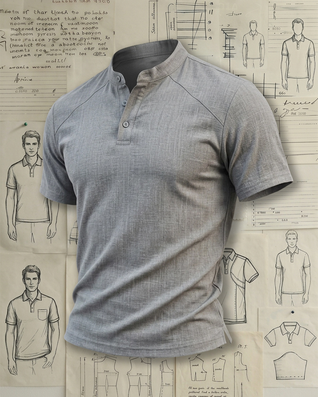 Men's Light Gray Textured Linen Blend Slim Fit Old Money Style No Extra Print Mandarin Collar Half Placket Short Sleeve Polo Shirt
