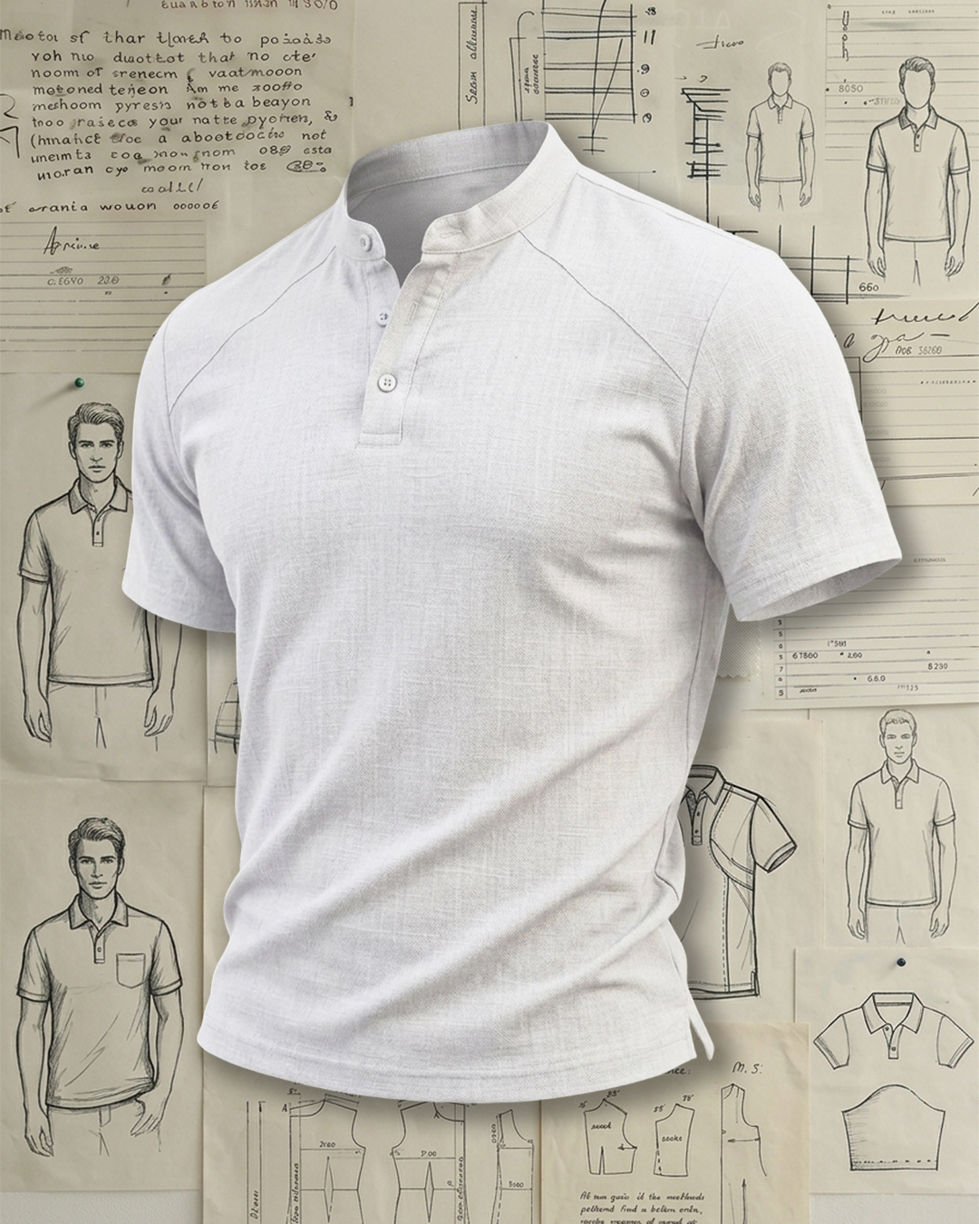 Men's Beige Linen Textured Regular Fit Minimalist Casual Style No Extra Print Mandarin Collar Half Placket Short Sleeve Polo Shirt