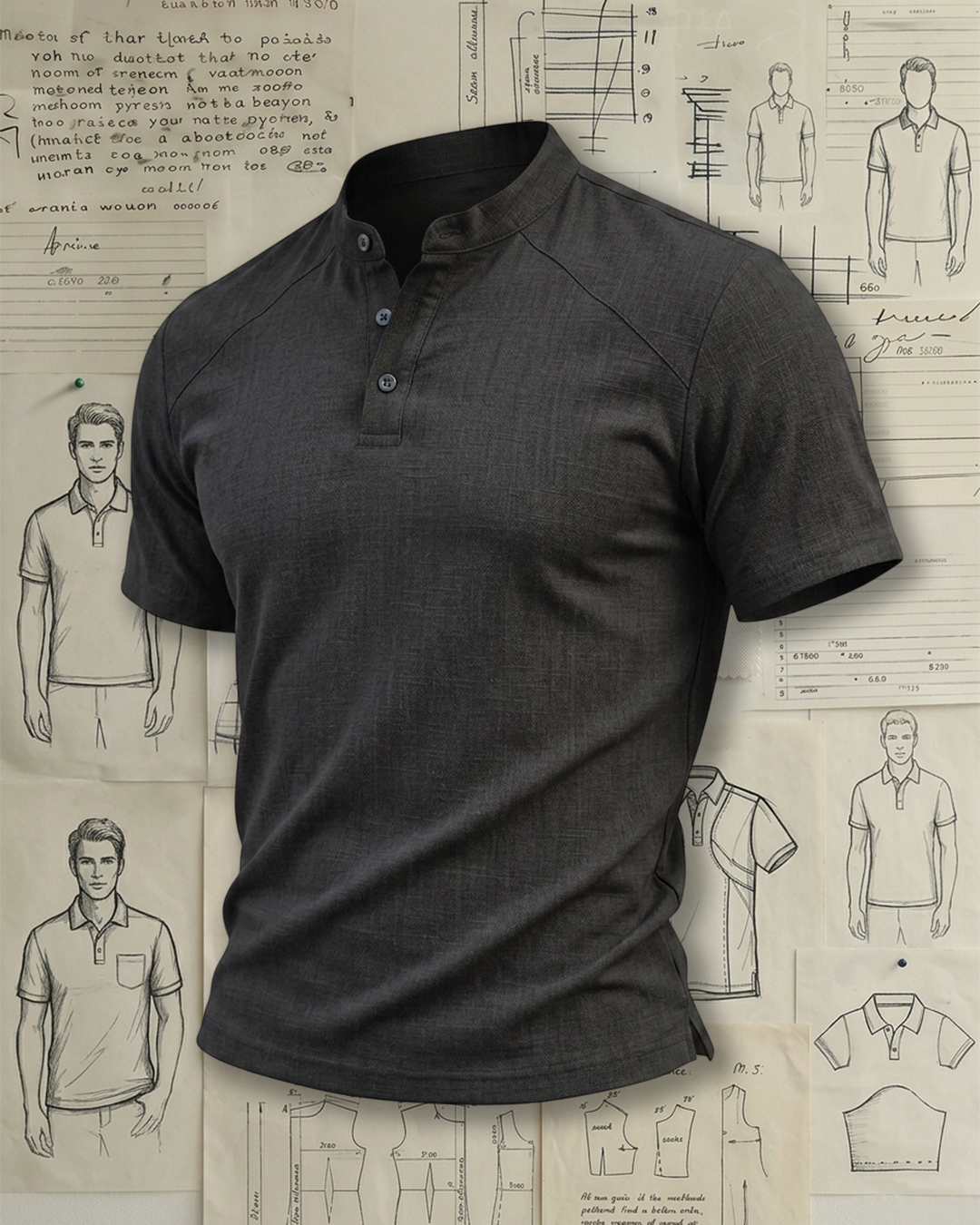 Men's Dark Gray Linen Textured Slim Fit Smart Business Style No Extra Print Mandarin Collar Half Placket Short Sleeve Polo Shirt