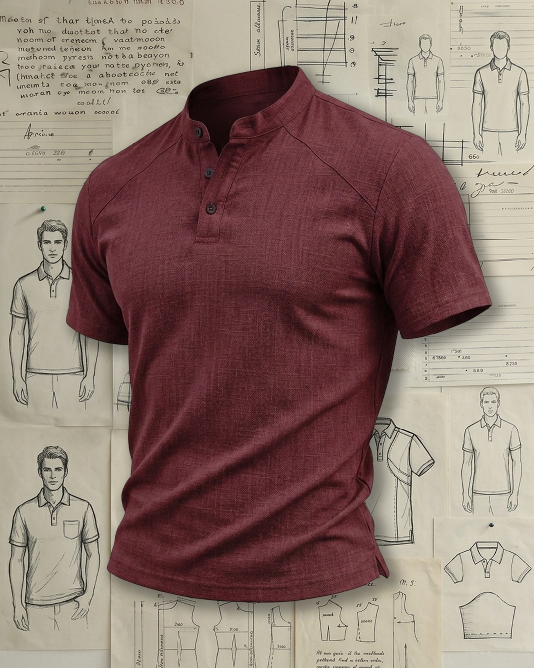Men's Wine Red Linen Textured Slim Fit Retro Elegant Style No Extra Print Mandarin Collar Half Placket Short Sleeve Polo Shirt