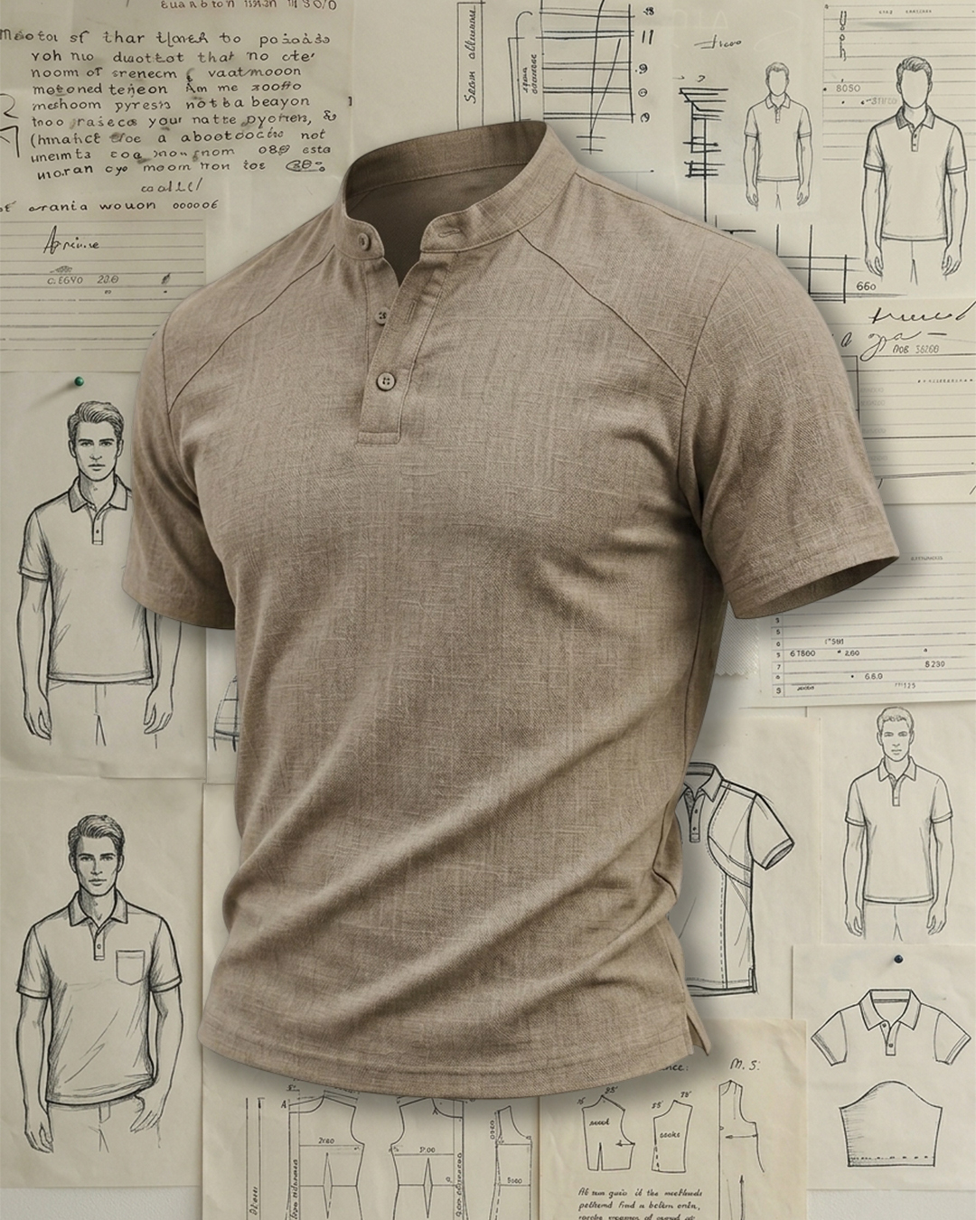 Men's Khaki Linen Textured Loose Slim Fit Quiet Luxury Style No Extra Print Mandarin Collar Half Placket Short Sleeve Polo Shirt