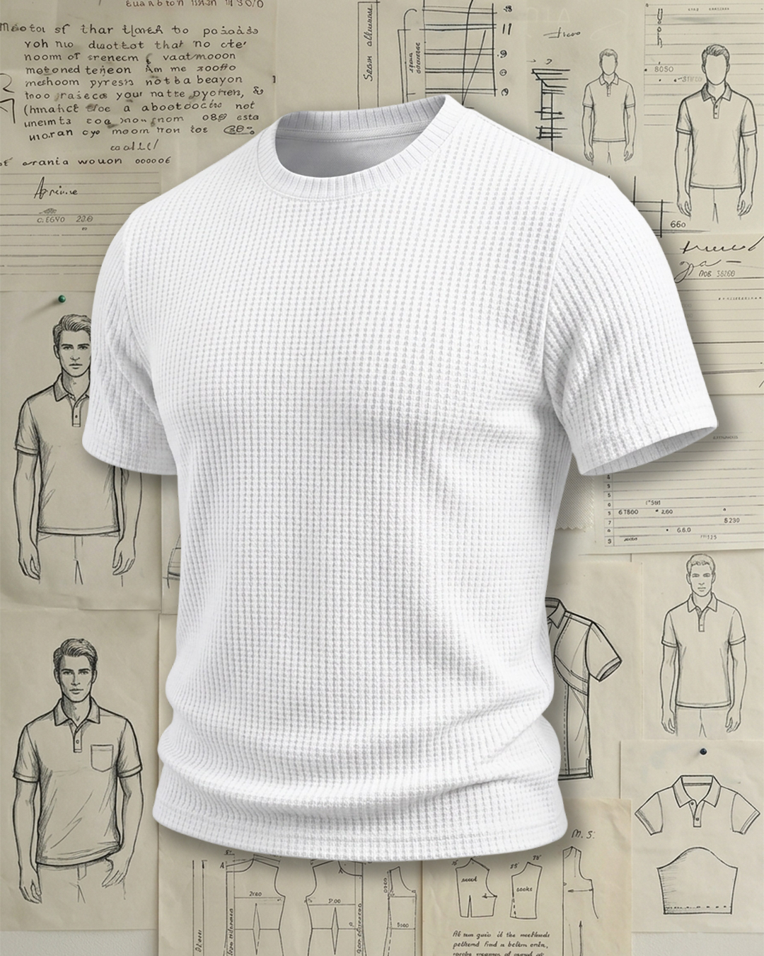 Men's White Waffle Textured Slim Fit Minimalist Casual Style No Extra Print Crew Neck Short Sleeve T-Shirt