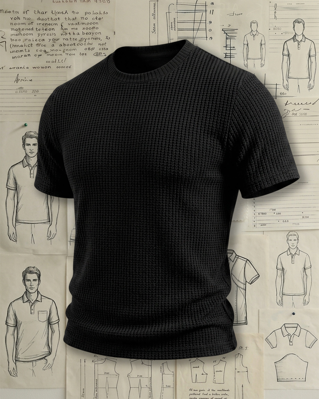 Men's Black Waffle Knit Athletic Slim Fit Street Minimal Style No Extra Print Crew Neck Short Sleeve T-Shirt
