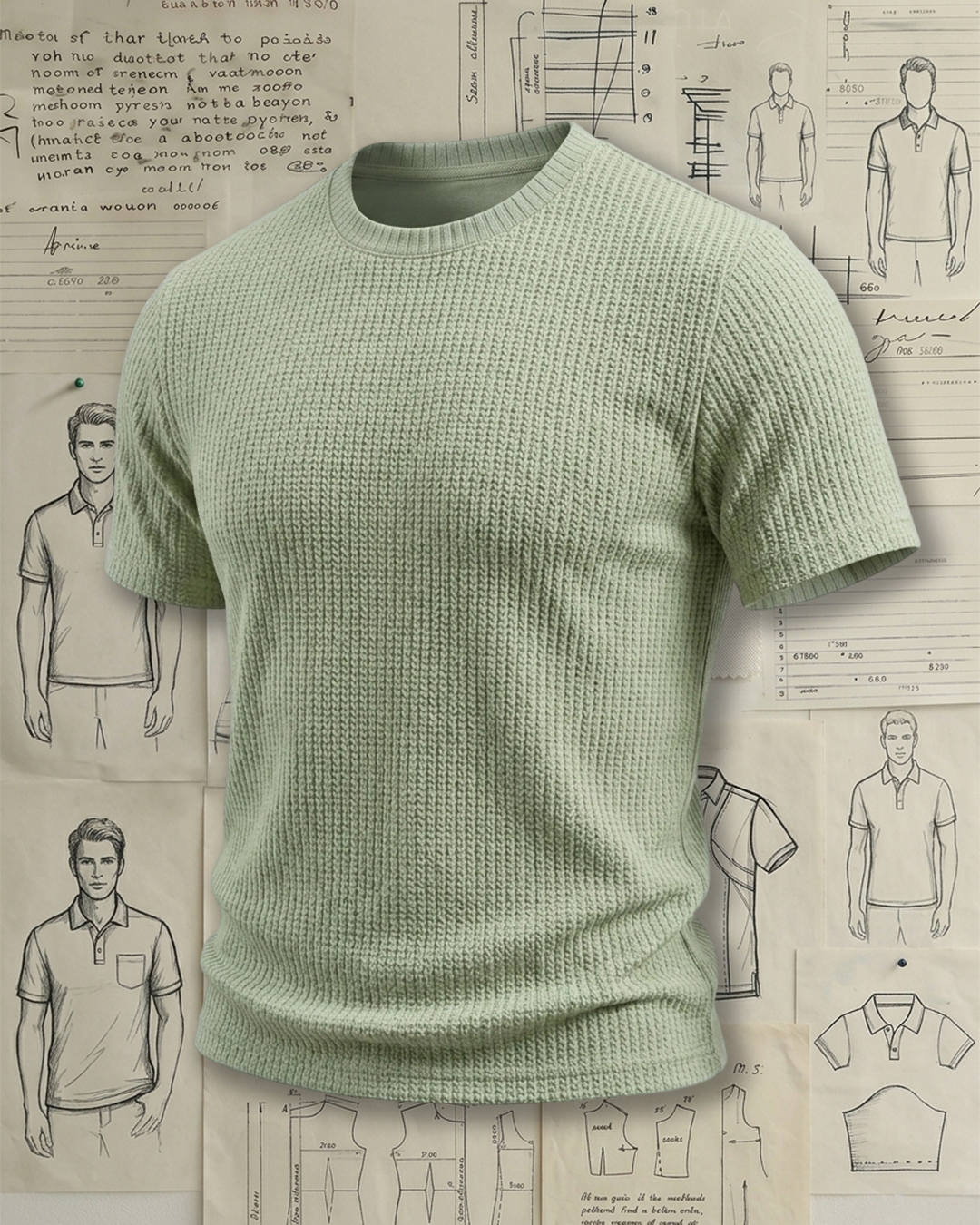 Men's Sage Green Waffle Knit Athletic Slim Fit Casual Old Money Style No Extra Print Crew Neck Short Sleeve T-Shirt