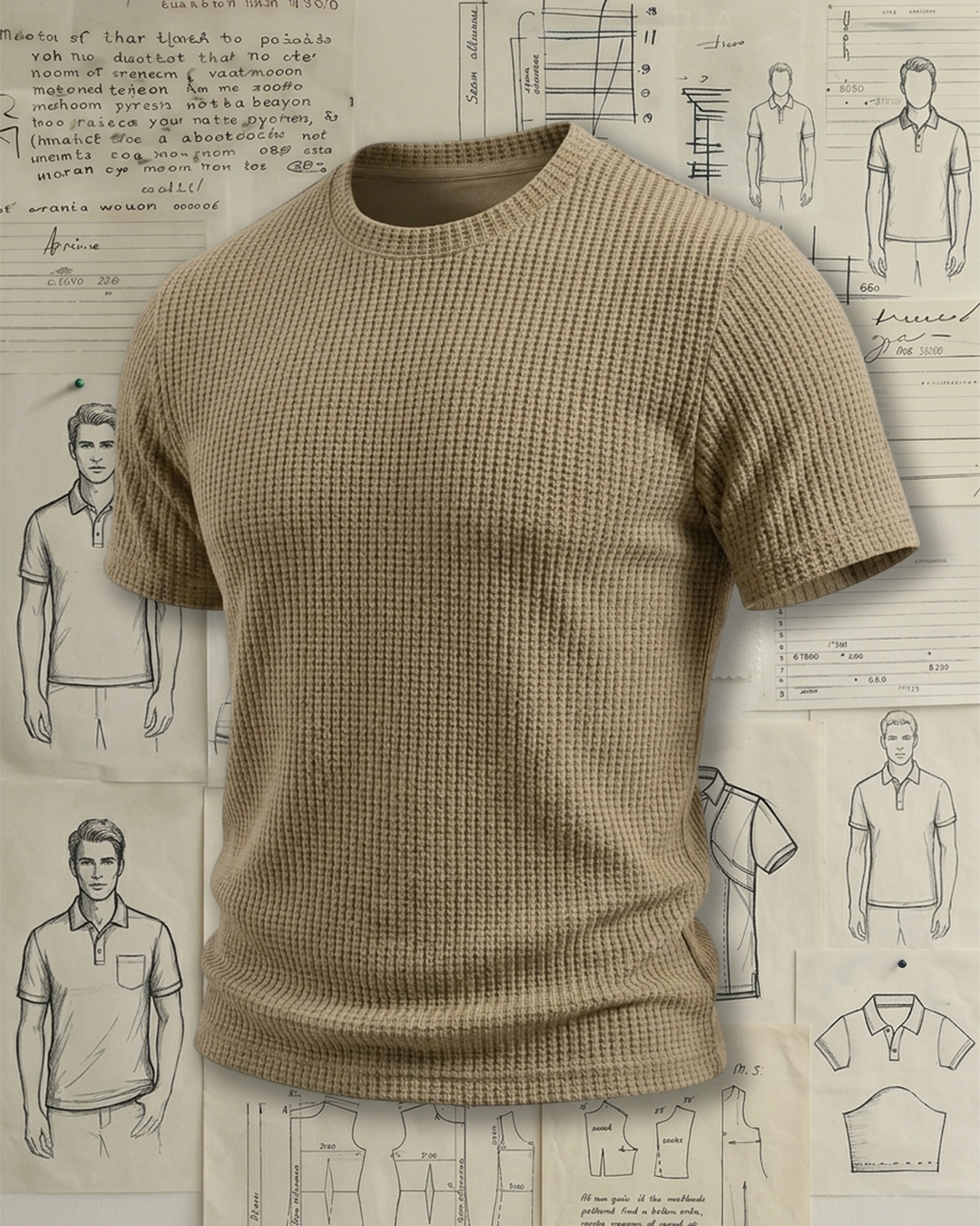 Men's Khaki Waffle Knit Tailored Slim Fit Retro Casual Style No Extra Print Crew Neck Short Sleeve T-Shirt