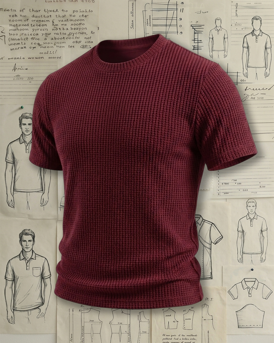 Men's Wine Red Waffle Knit Slim Tailored Fit Mature Casual Style No Extra Print Crew Neck Short Sleeve T-Shirt