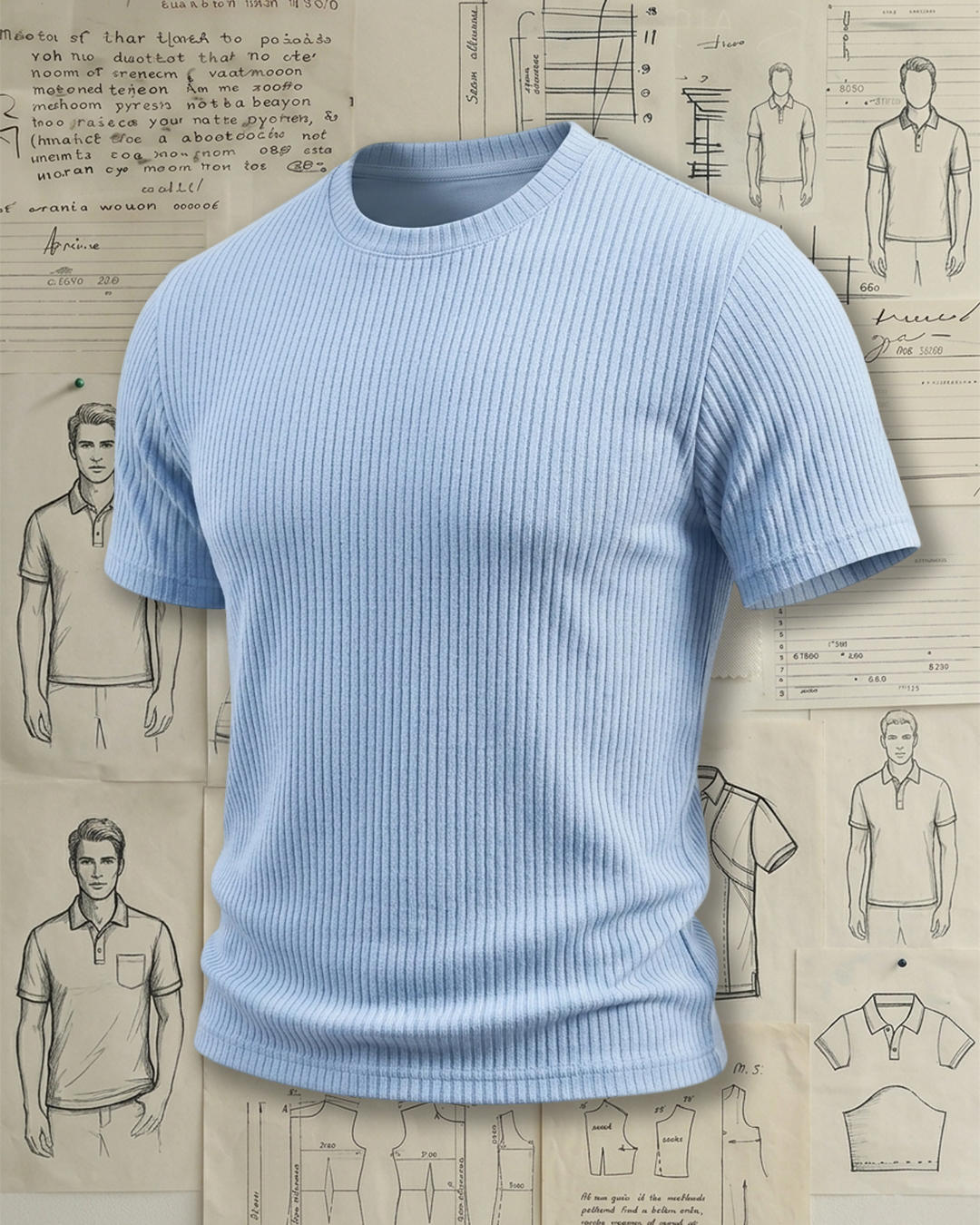 Men's Light Blue Vertical Rib Knit Athletic Slim Fit Fresh Casual Style No Extra Print Crew Neck Short Sleeve T-Shirt