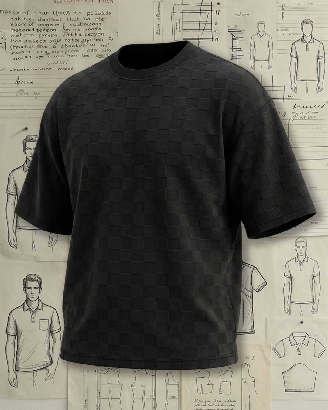Men's Black Woven Checkerboard Drop Shoulder Loose Fit Street Casual Style No Extra Print Crew Neck Short Sleeve T-Shirt