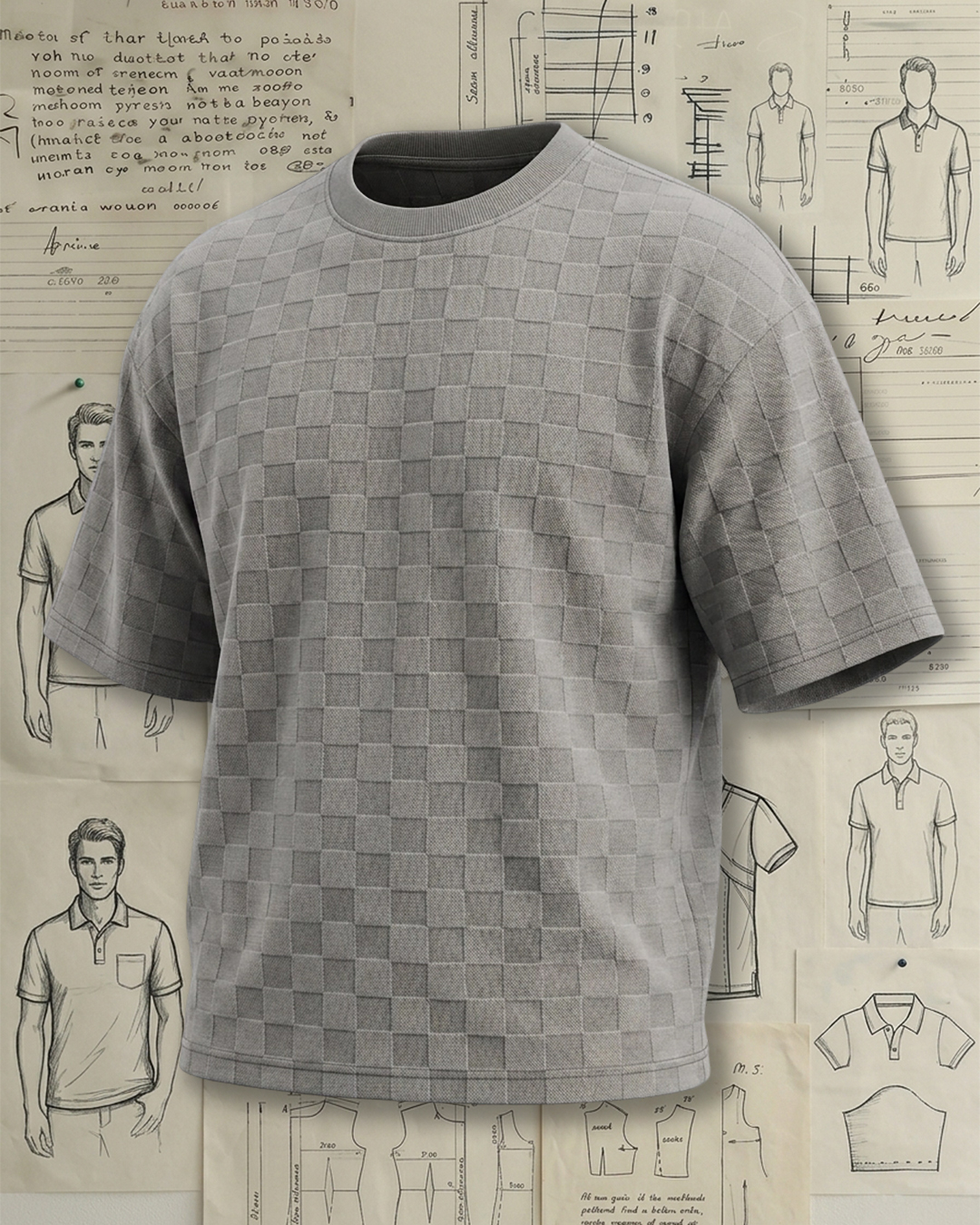 Men's Gray Woven Checkerboard Drop Shoulder Loose Fit Minimalist Casual Style No Extra Print Crew Neck Short Sleeve T-Shirt