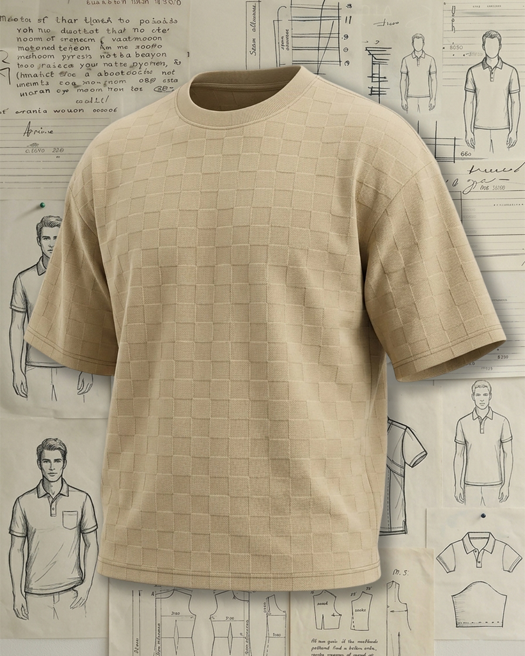 Men's Khaki Woven Checkerboard Drop Shoulder Loose Fit Urban Casual Style No Extra Print Crew Neck Short Sleeve T-Shirt