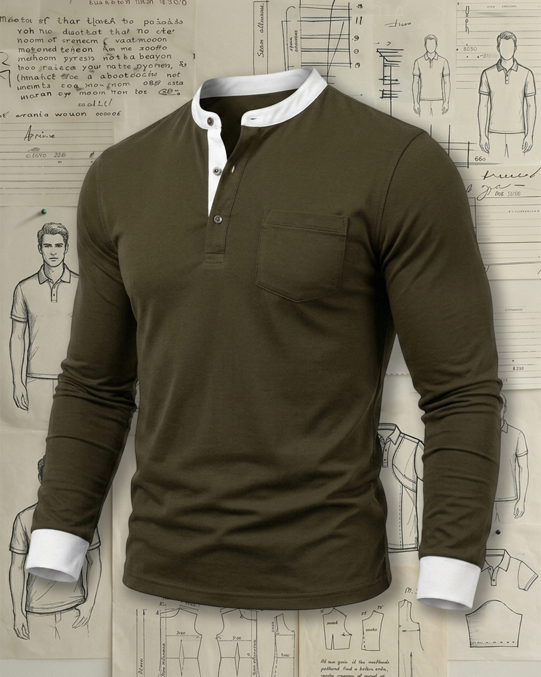 Men's Army Green Slim Fit Business Casual Style No Extra Print Contrast Trim Henley Collar Long Sleeve T-Shirt
