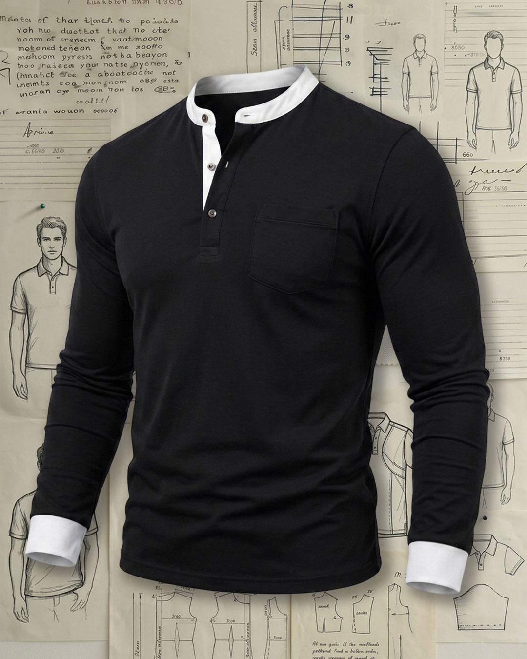 Men's Black Slim Fit Smart Casual Style No Extra Print Contrast Trim Henley Collar Long Sleeve T-Shirt