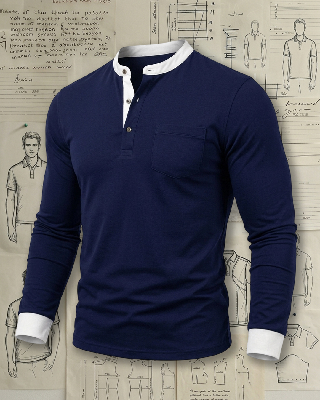 Men's Navy Blue Slim Fit Smart Casual Style No Extra Print Contrast Trim Henley Collar Long Sleeve T-Shirt