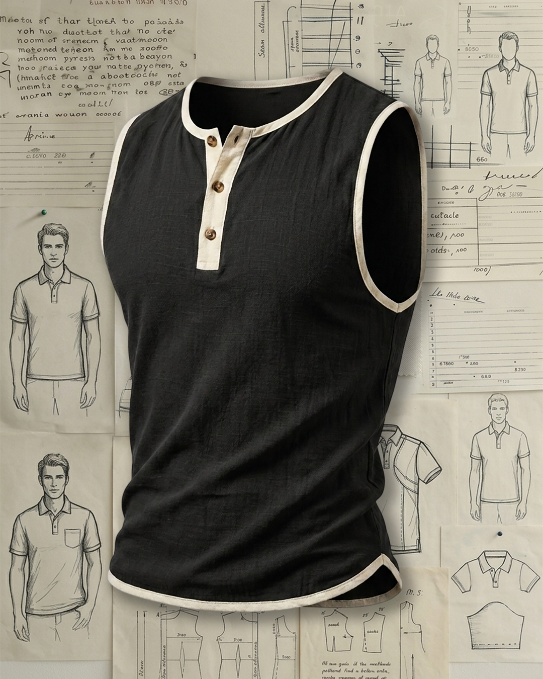 Men's Black Regular Fit Retro Casual Style No Extra Print Contrast Trim Linen Texture Henley Collar Sleeveless Tank Top