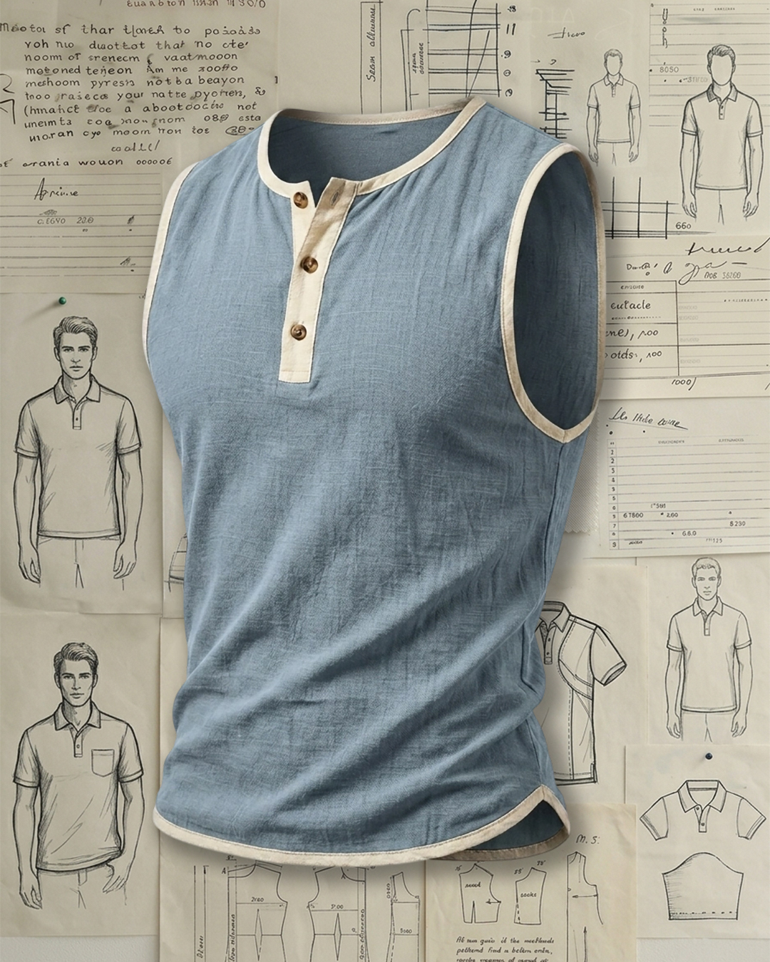 Men's Light Blue Regular Fit Vintage Casual Style No Extra Print Contrast Trim Linen Texture Henley Collar Sleeveless Tank Top