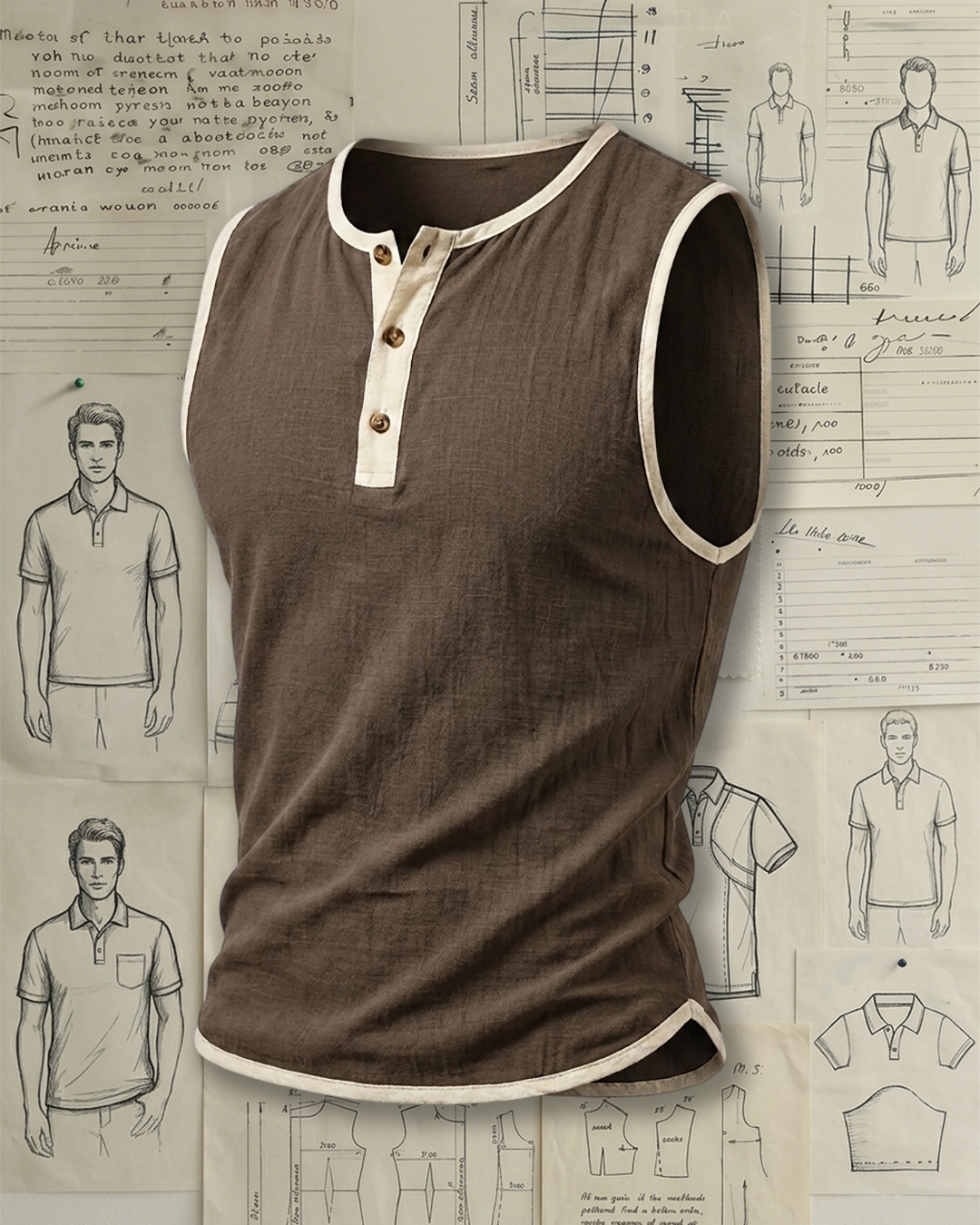Men's Coffee Brown Regular Fit Retro Casual Style No Extra Print Contrast Trim Linen Texture Henley Collar Sleeveless Tank Top