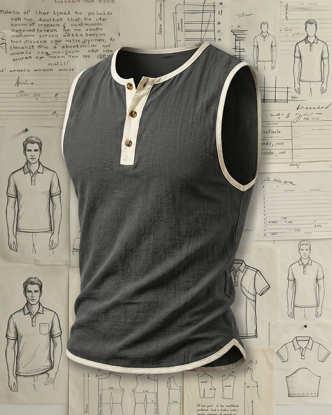 Men's Dark Gray Loose Fit Casual Linen Style No Extra Print Contrast Piping Henley Collar Sleeveless Tank Top