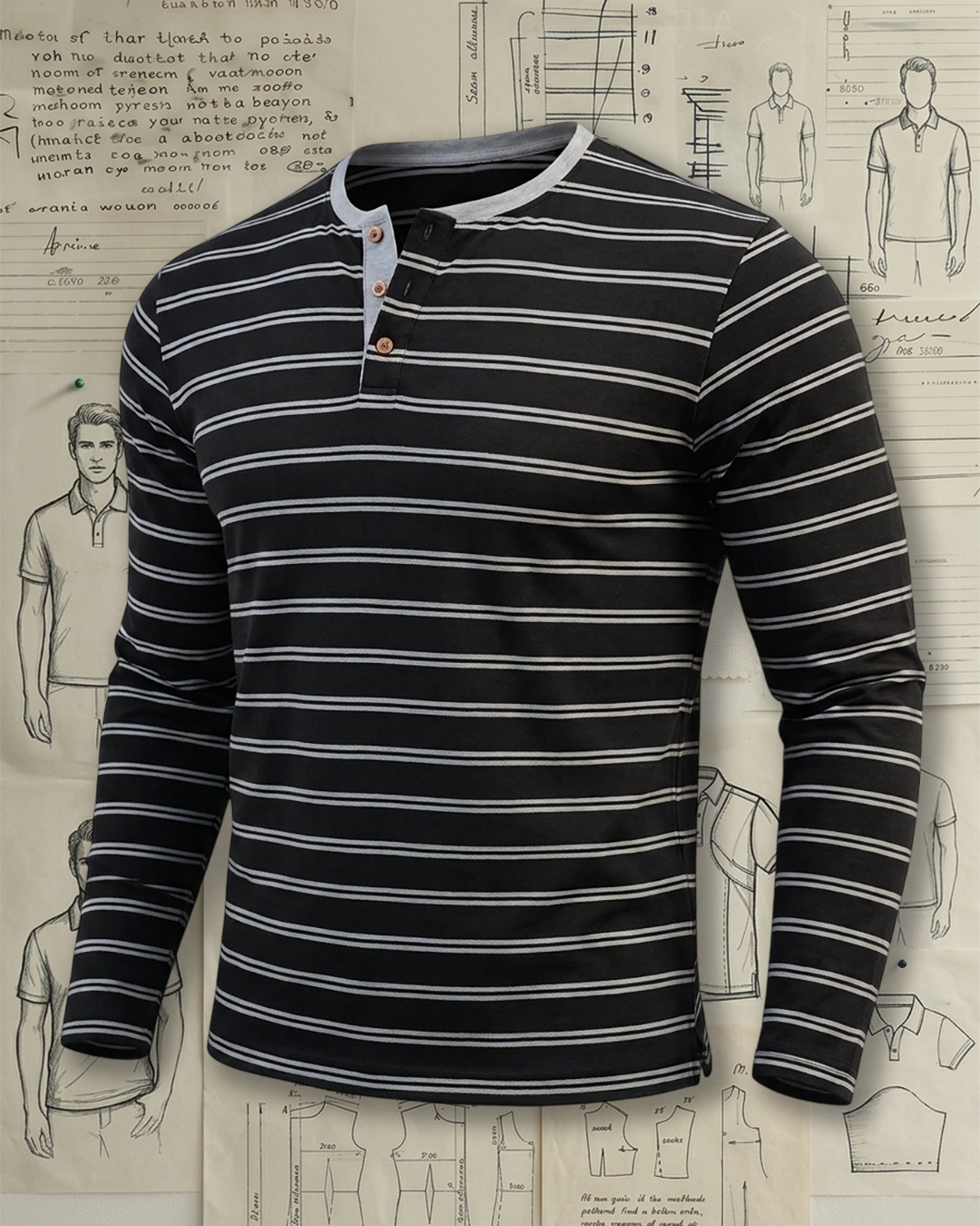Men's Black and Light Gray Regular Fit Retro Casual Style Horizontal Stripe Print Henley Collar Long Sleeve T-Shirt