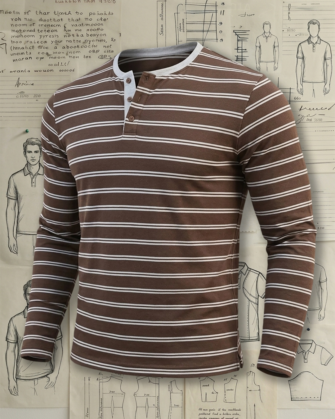 Men's Coffee Brown and Off-white Slim Fit Vintage Casual Style Horizontal Stripe Print Henley Collar Long Sleeve T-Shirt