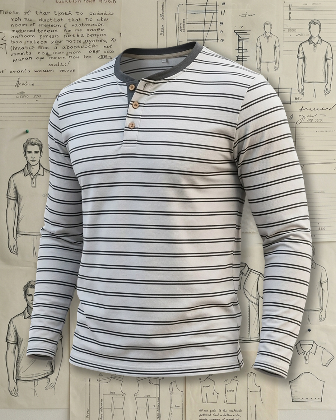 Men's white and Dark Grey Regular Fit American Casual Style Horizontal Stripe Print Henley Collar Long Sleeve T-Shirt