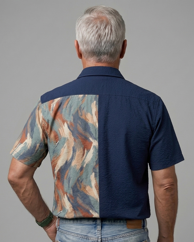 Men's Navy and Earth Tone Regular Fit Art Casual Style Abstract Brush Stroke Print Patchwork Short Sleeve Camp Collar Shirt