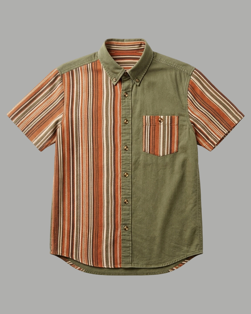 Men's Olive and Rust Orange Regular Fit Retro Workwear Style Earth Tone Vertical Stripe Patchwork Short Sleeve Button-down Shirt