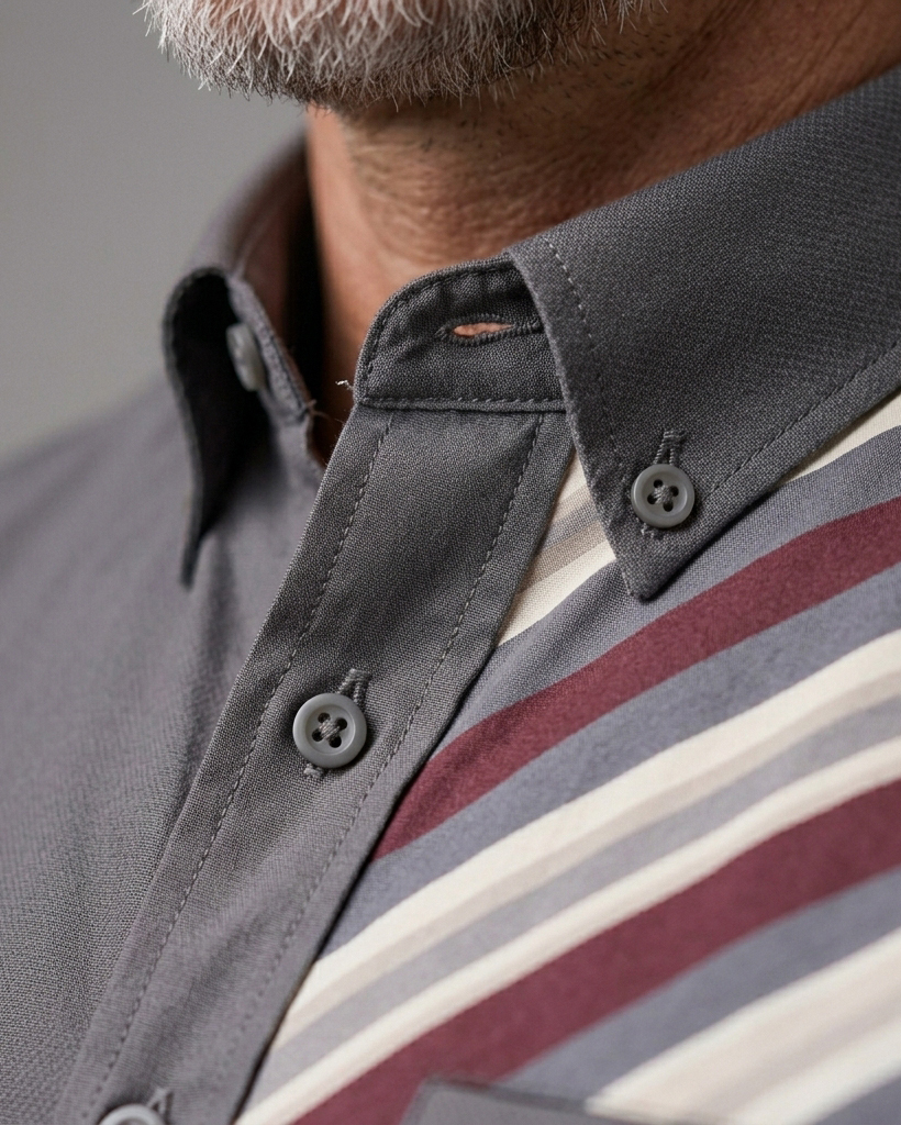 Men's Charcoal Gray and Wine Red Regular Fit Smart Casual Style Diagonal Stripe Patchwork Short Sleeve Button-down Shirt