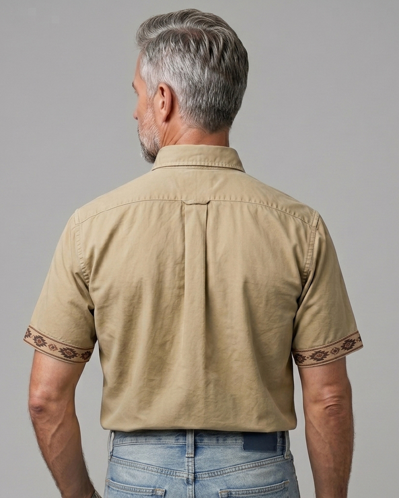 Men's Khaki Regular Fit American Casual Style Ethnic Geometric Embroidered Short Sleeve Button-down Shirt