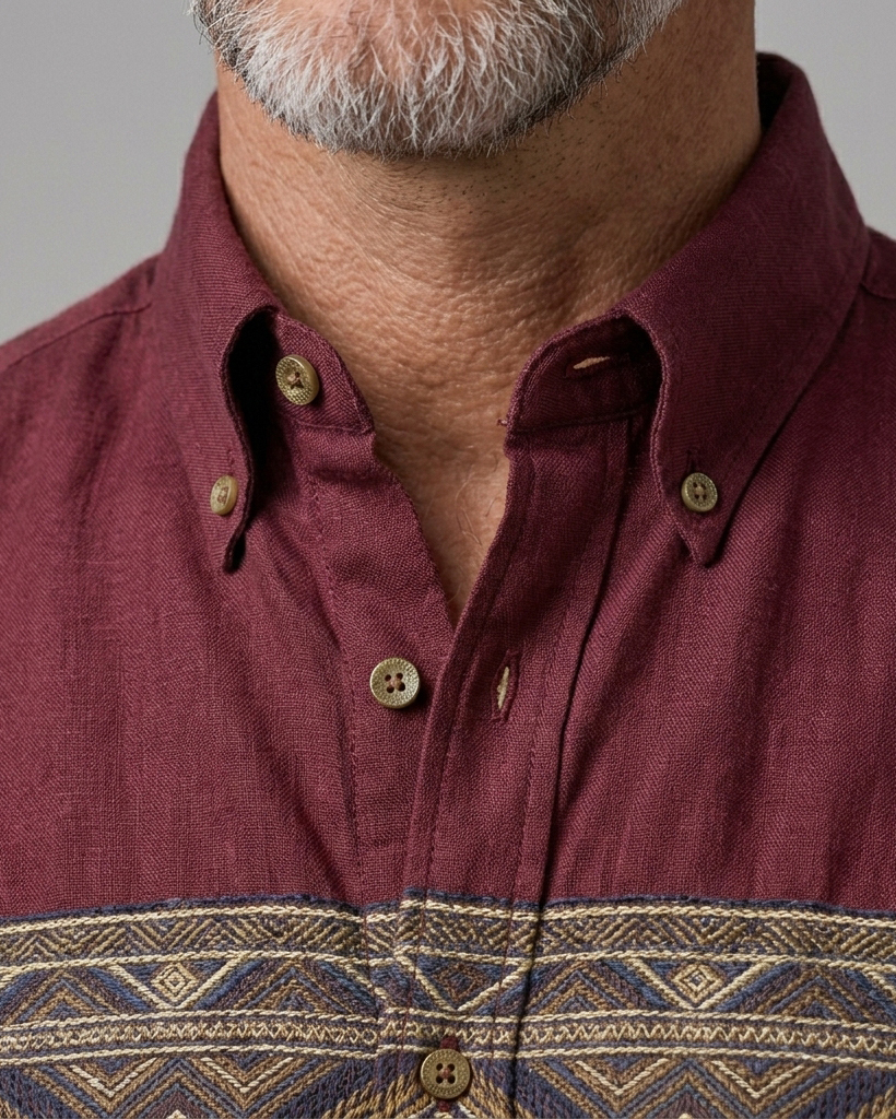 Men's Burgundy Regular Fit Western Retro Style Ethnic Geometric Horizontal Printed Short Sleeve Button-down Shirt