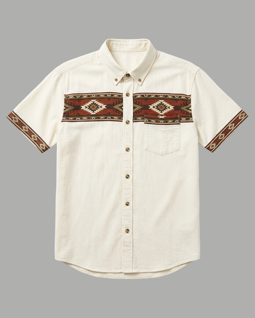 Men's Beige Regular Fit Western Retro Ethnic Geometric Yoke Printed Short Sleeve Button-down Shirt