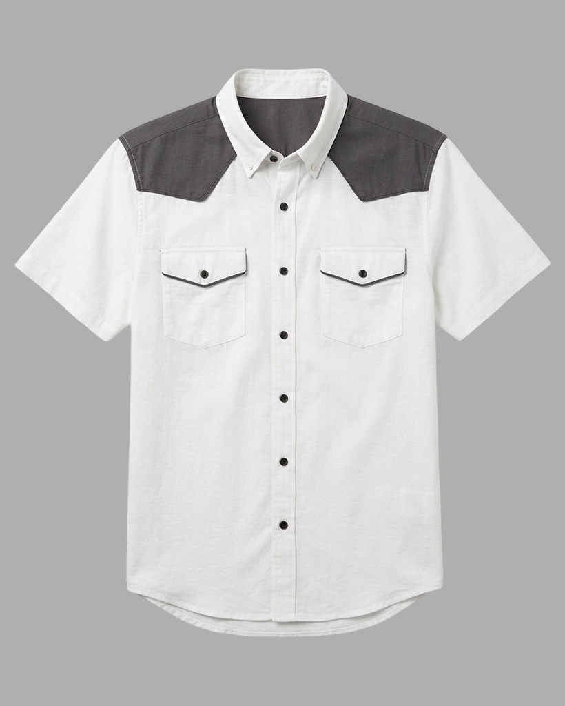 Men's White Regular Fit Western Retro Color Block Patchwork Short Sleeve Button-down Shirt