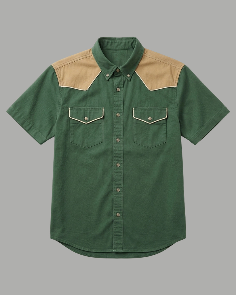 Men's Moss Green Regular Fit Western Retro Khaki Splicing Short Sleeve Button-down Shirt