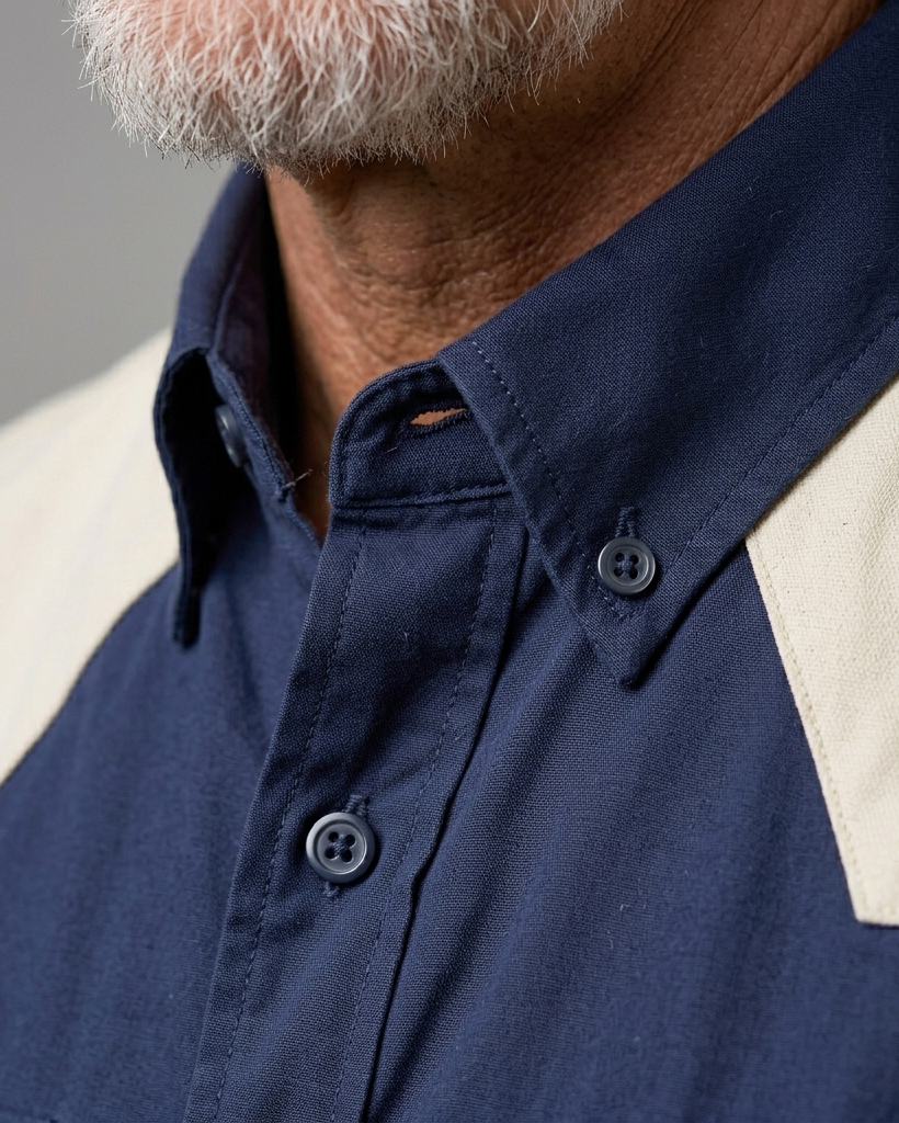 Men's Navy Regular Fit Western Retro beige Splicing Short Sleeve Button-down Shirt