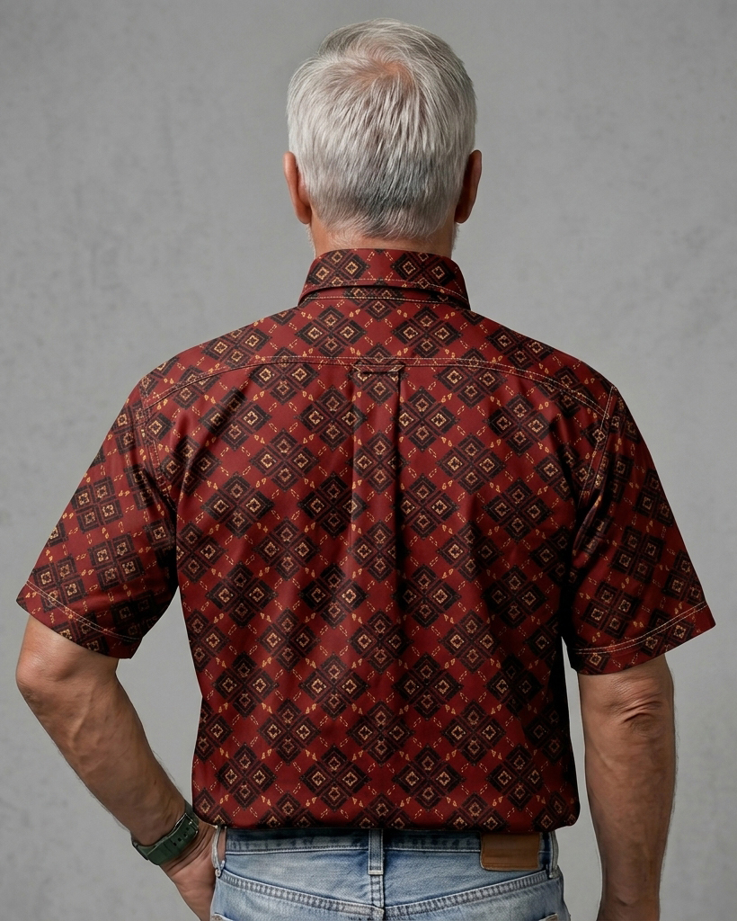 Men's Wine Red Regular Fit Retro Ethnic Geometric Diamond Print Short Sleeve Button-down Shirt