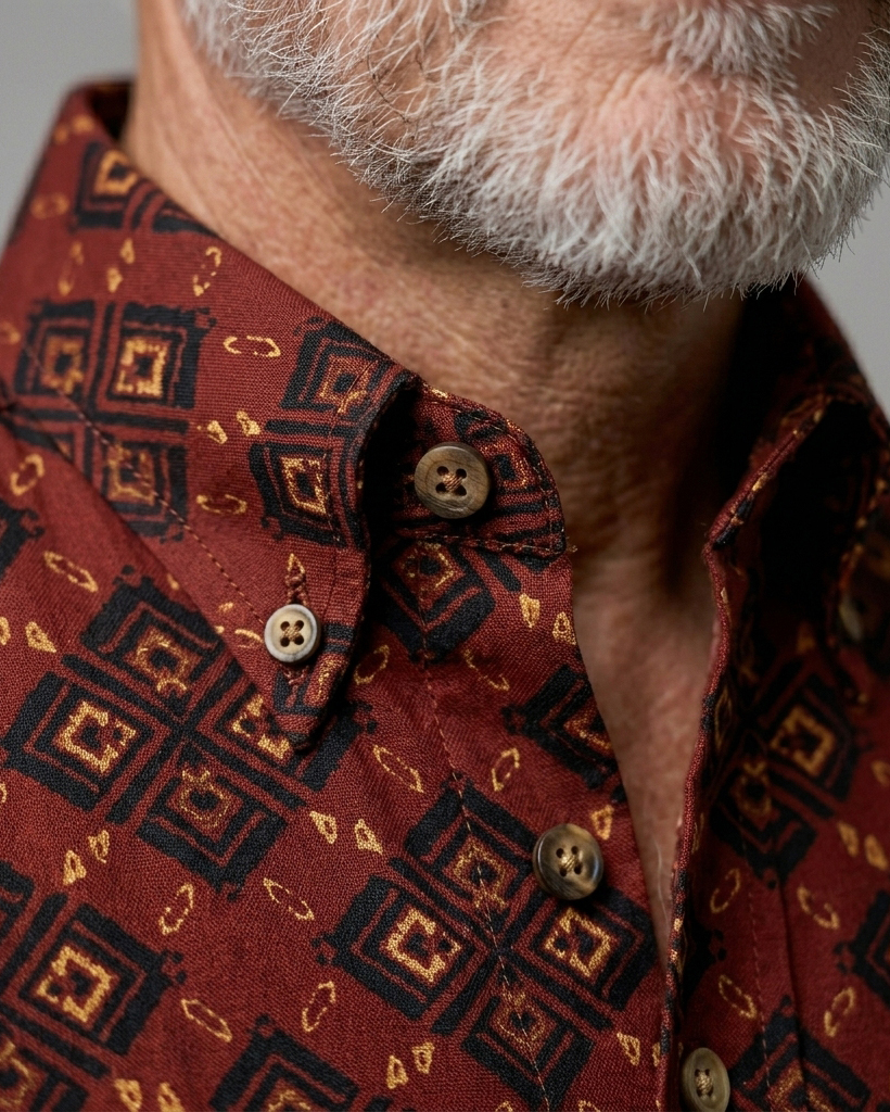 Men's Wine Red Regular Fit Retro Ethnic Geometric Diamond Print Short Sleeve Button-down Shirt