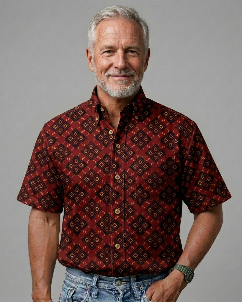 Men's Wine Red Regular Fit Retro Ethnic Geometric Diamond Print Short Sleeve Button-down Shirt