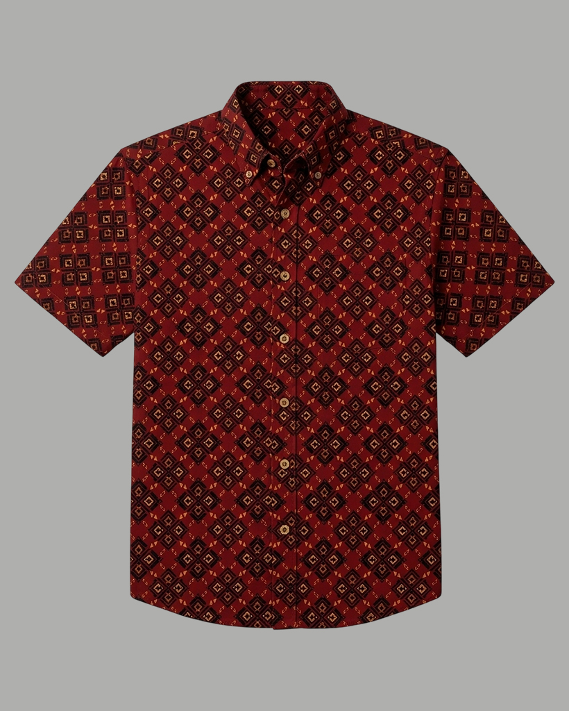 Men's Wine Red Regular Fit Retro Ethnic Geometric Diamond Print Short Sleeve Button-down Shirt