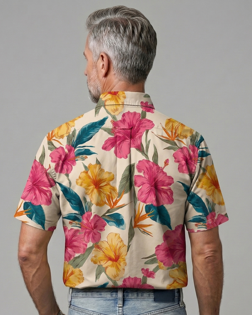Men's Beige Regular Fit Tropical Vacation Hibiscus Floral Print Short Sleeve Button-down Shirt